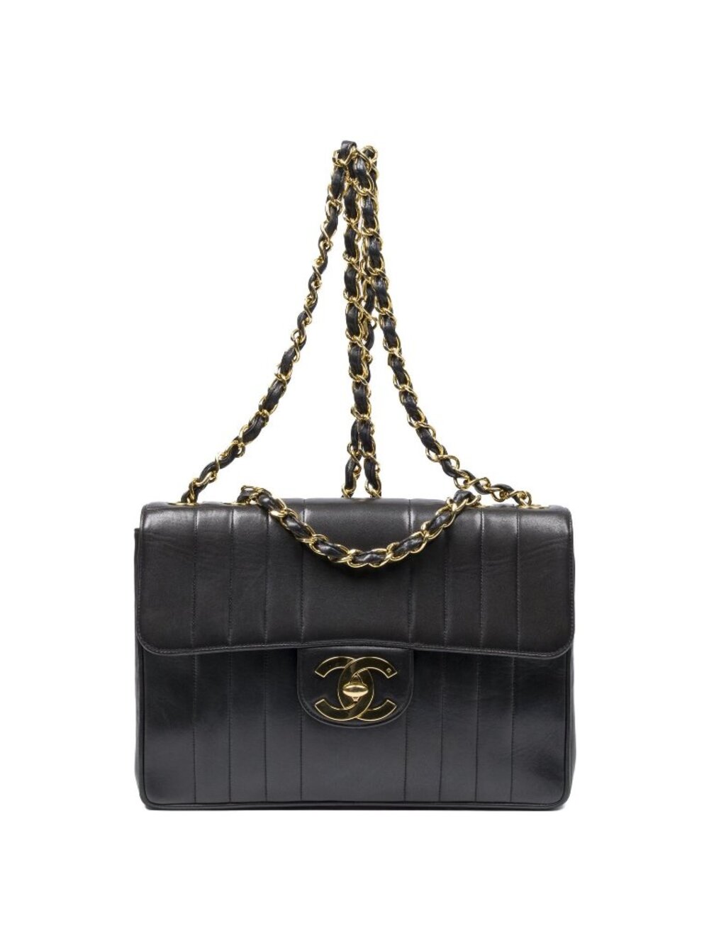 Chanel Vertical Stitch Single Flap Bag Black Quilted Lambskin Leather